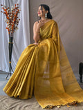 Bewitching Mustard Yellow Zari Weaving Tissue Silk Saree With Blouse - Zeel Clothing