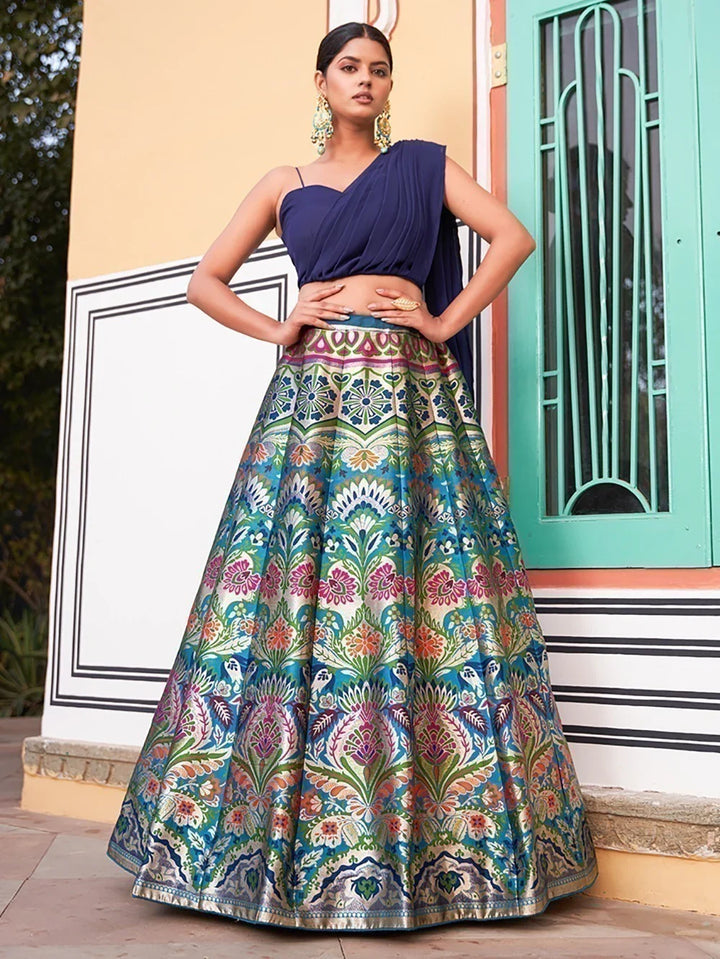 Bewitching Navy Blue Zari Weaving Silk Indo-Western Crop Top Lehenga