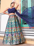 Bewitching Navy Blue Zari Weaving Silk Indo-Western Crop Top Lehenga - Zeel Clothing