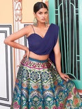 Bewitching Navy Blue Zari Weaving Silk Indo-Western Crop Top Lehenga - Zeel Clothing