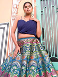 Bewitching Navy Blue Zari Weaving Silk Indo-Western Crop Top Lehenga - Zeel Clothing