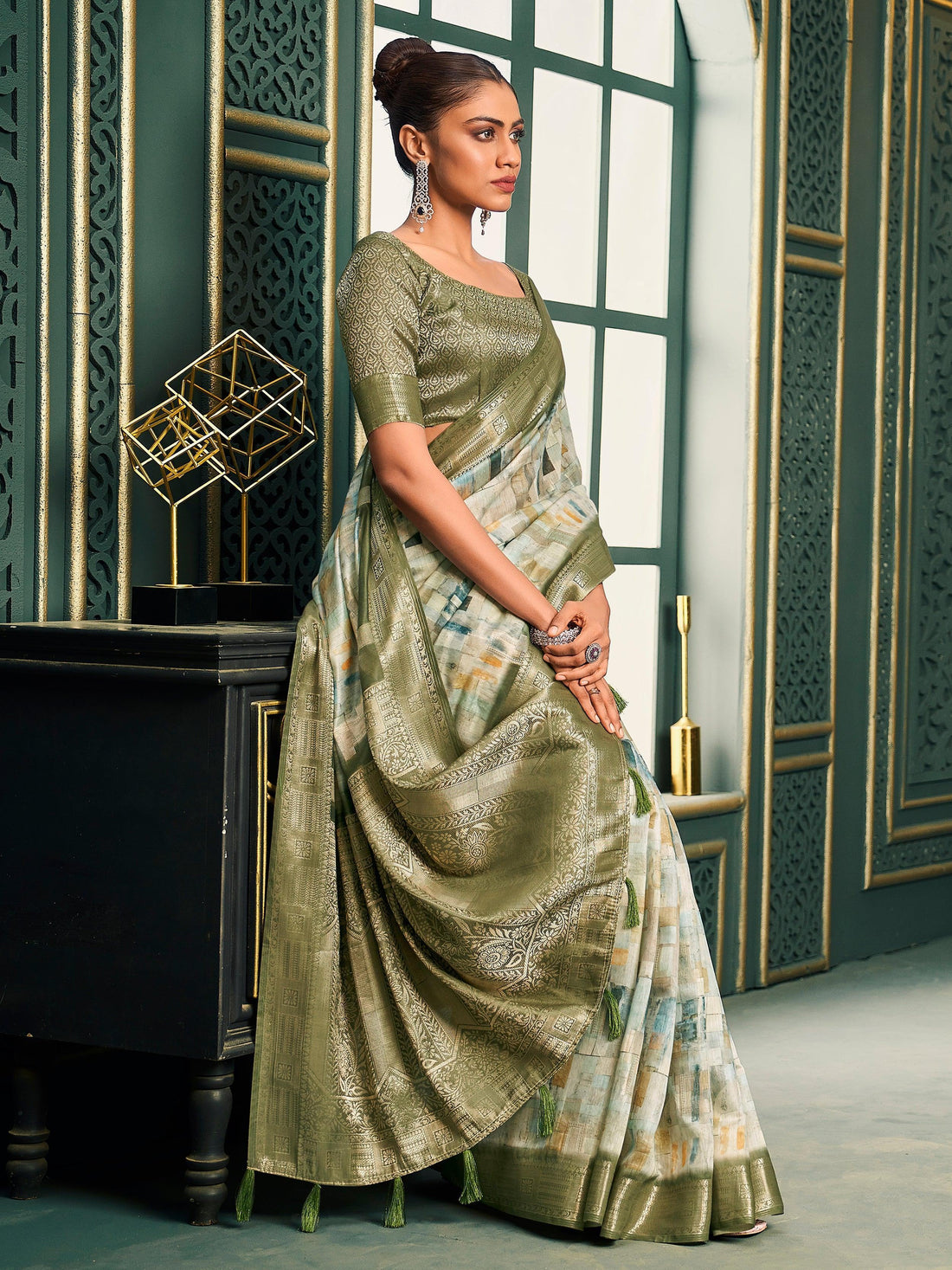 Bewitching Off-White & Olive Green Digital Printed Cotton Saree