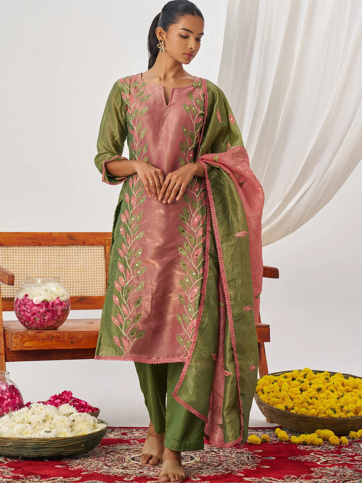 Bewitching Olive Green Mirror Work Organza Mehendi Wear Pant Suit