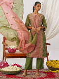 Bewitching Olive Green Mirror Work Organza Mehendi Wear Pant Suit