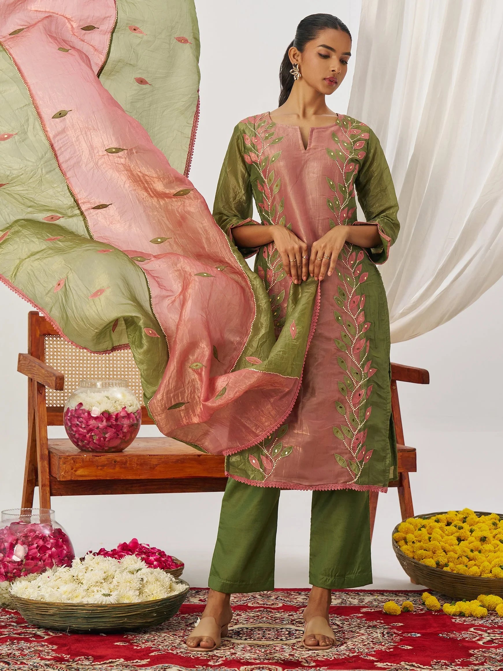 Bewitching Olive Green Mirror Work Organza Mehendi Wear Pant Suit