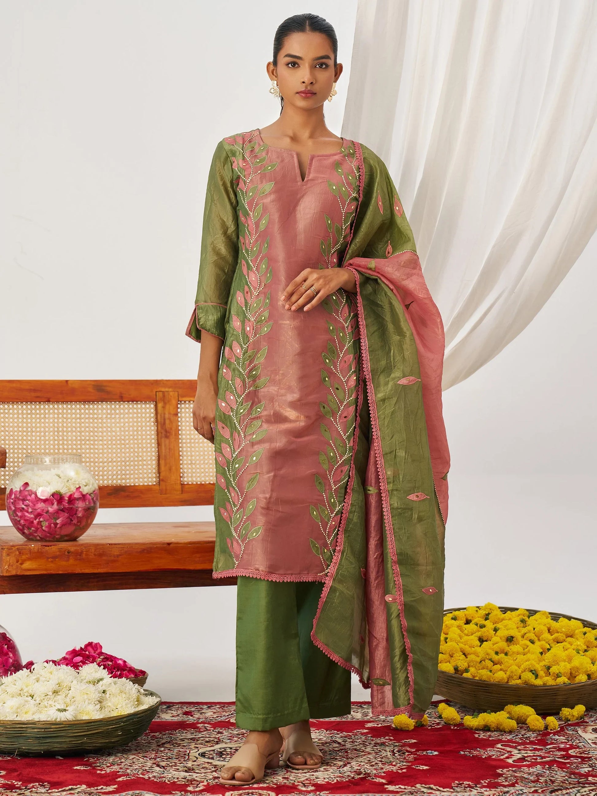 Bewitching Olive Green Mirror Work Organza Mehendi Wear Pant Suit