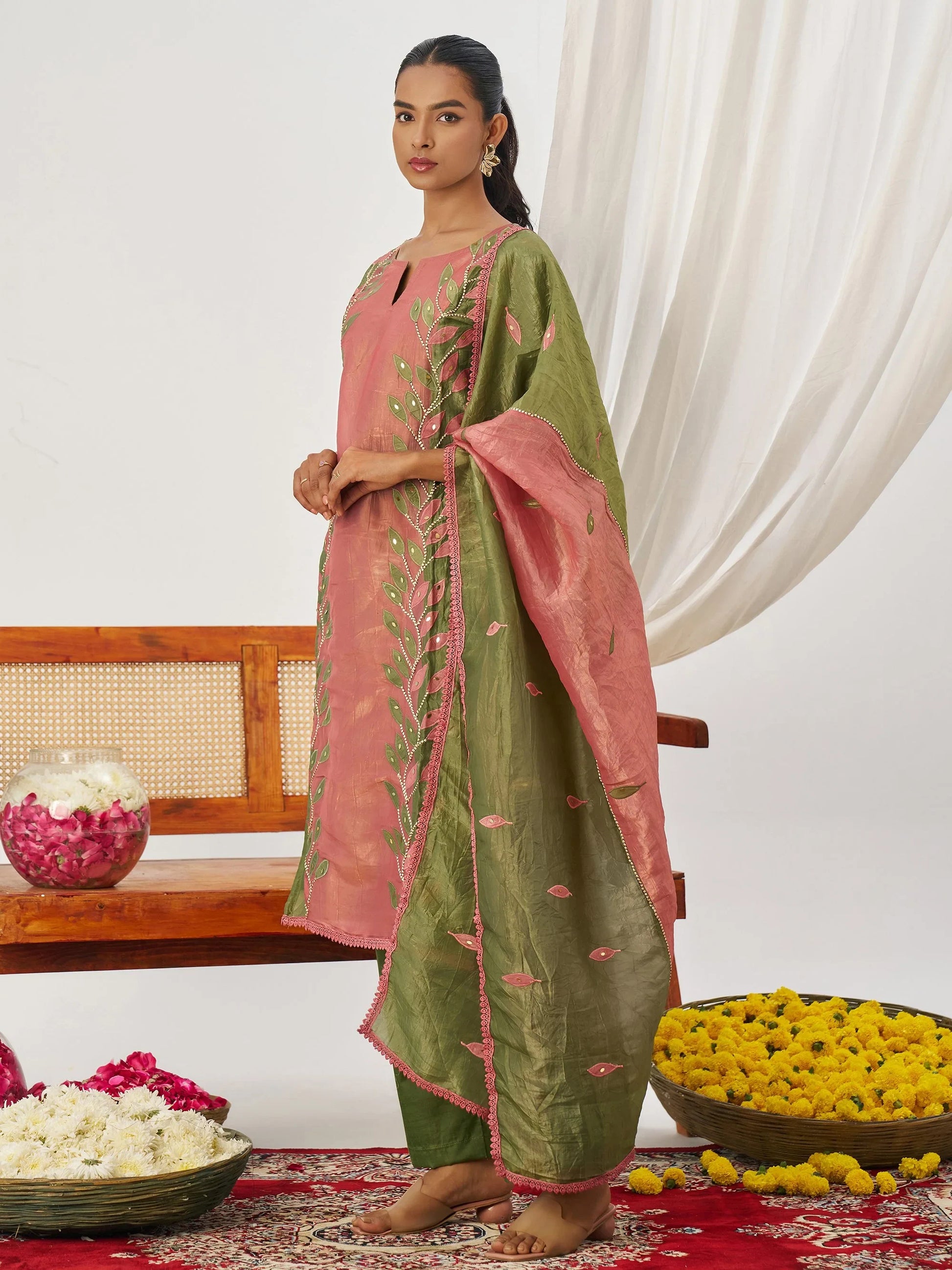 Bewitching Olive Green Mirror Work Organza Mehendi Wear Pant Suit