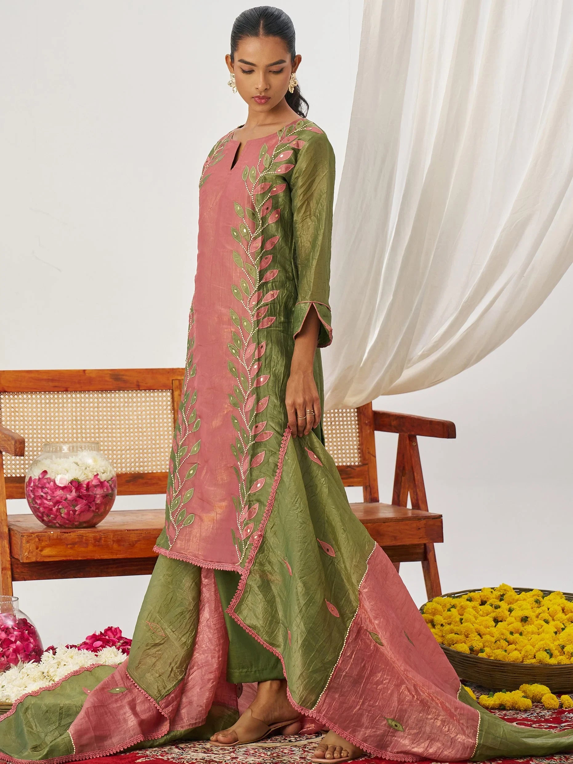 Bewitching Olive Green Mirror Work Organza Mehendi Wear Pant Suit