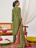 Bewitching Olive Green Mirror Work Organza Mehendi Wear Pant Suit