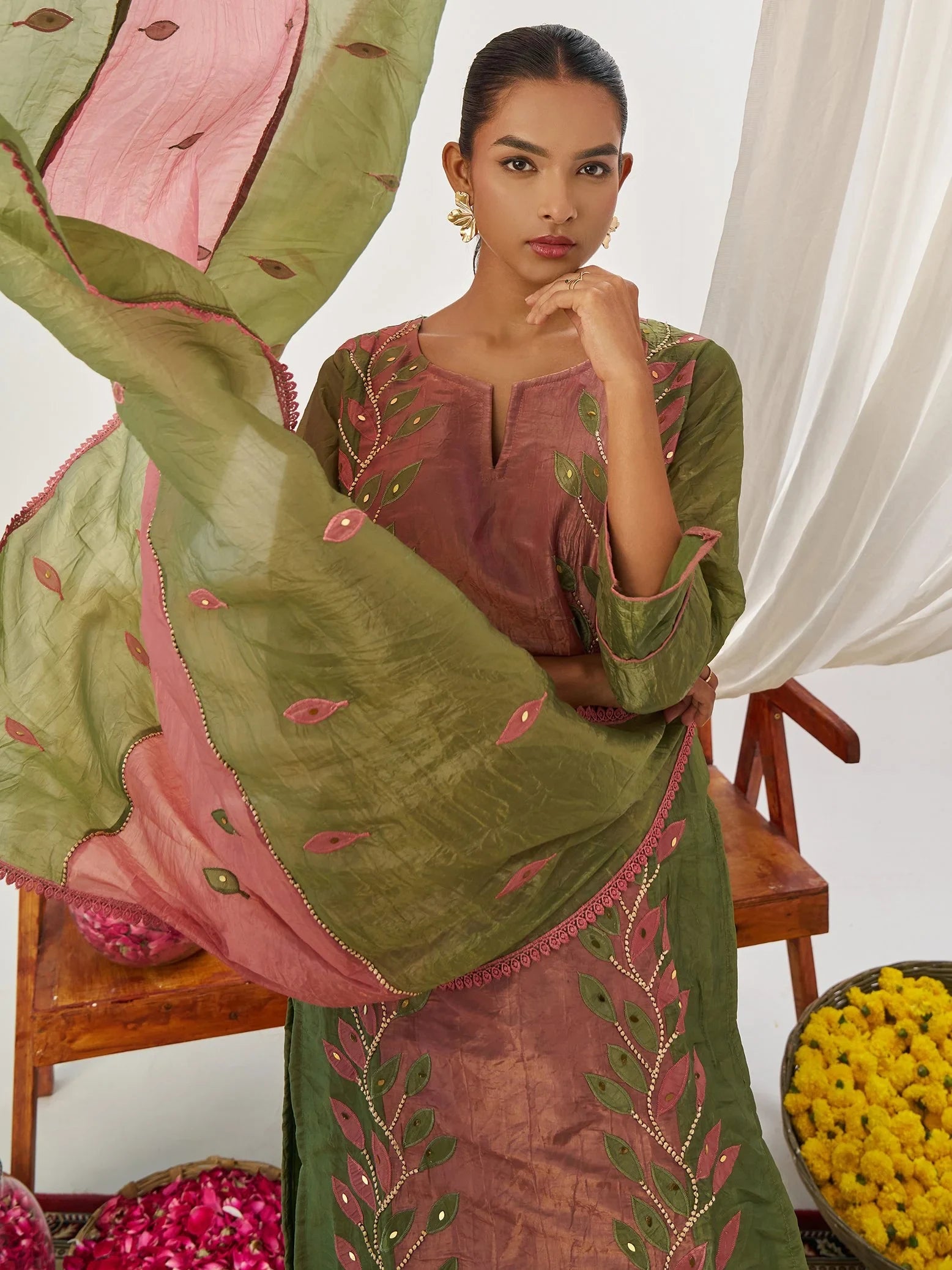 Bewitching Olive Green Mirror Work Organza Mehendi Wear Pant Suit