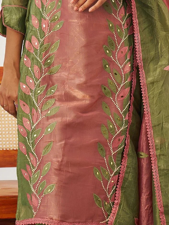 Bewitching Olive Green Mirror Work Organza Mehendi Wear Pant Suit