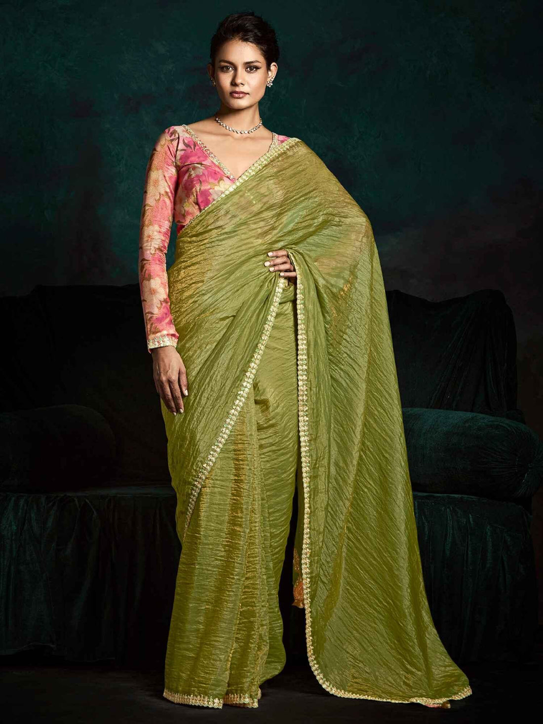 Bewitching Olive Green Tissue Silk Festival Wear Saree With Blouse - Zeel Clothing
