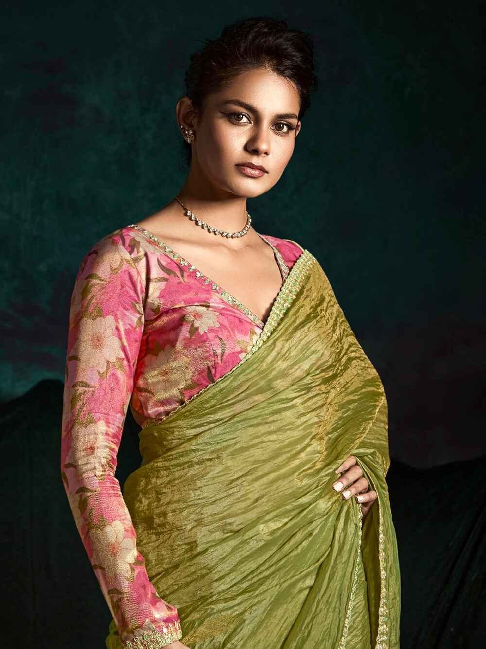 Bewitching Olive Green Tissue Silk Festival Wear Saree With Blouse - Zeel Clothing