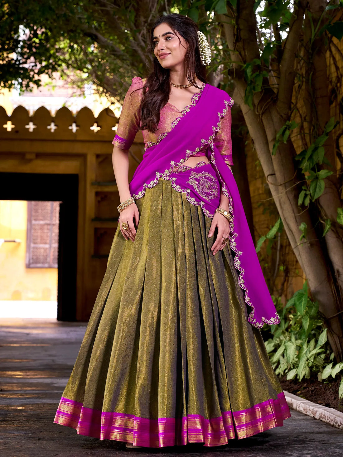 Bewitching Olive Green Zari Weaving Kanchipuram Silk Half Saree Lehenga - Zeel Clothing