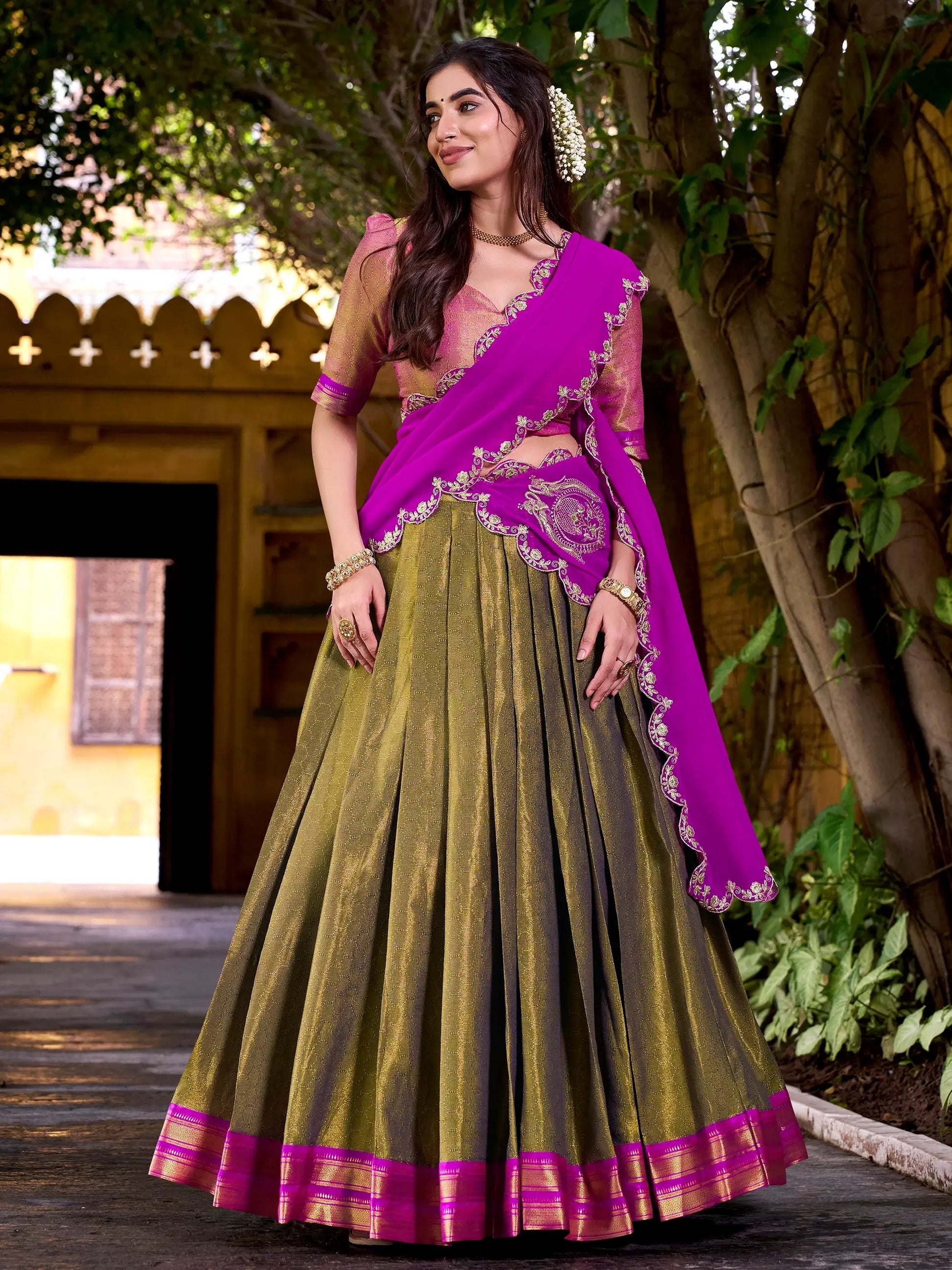Bewitching Olive Green Zari Weaving Kanchipuram Silk Half Saree Lehenga - Zeel Clothing