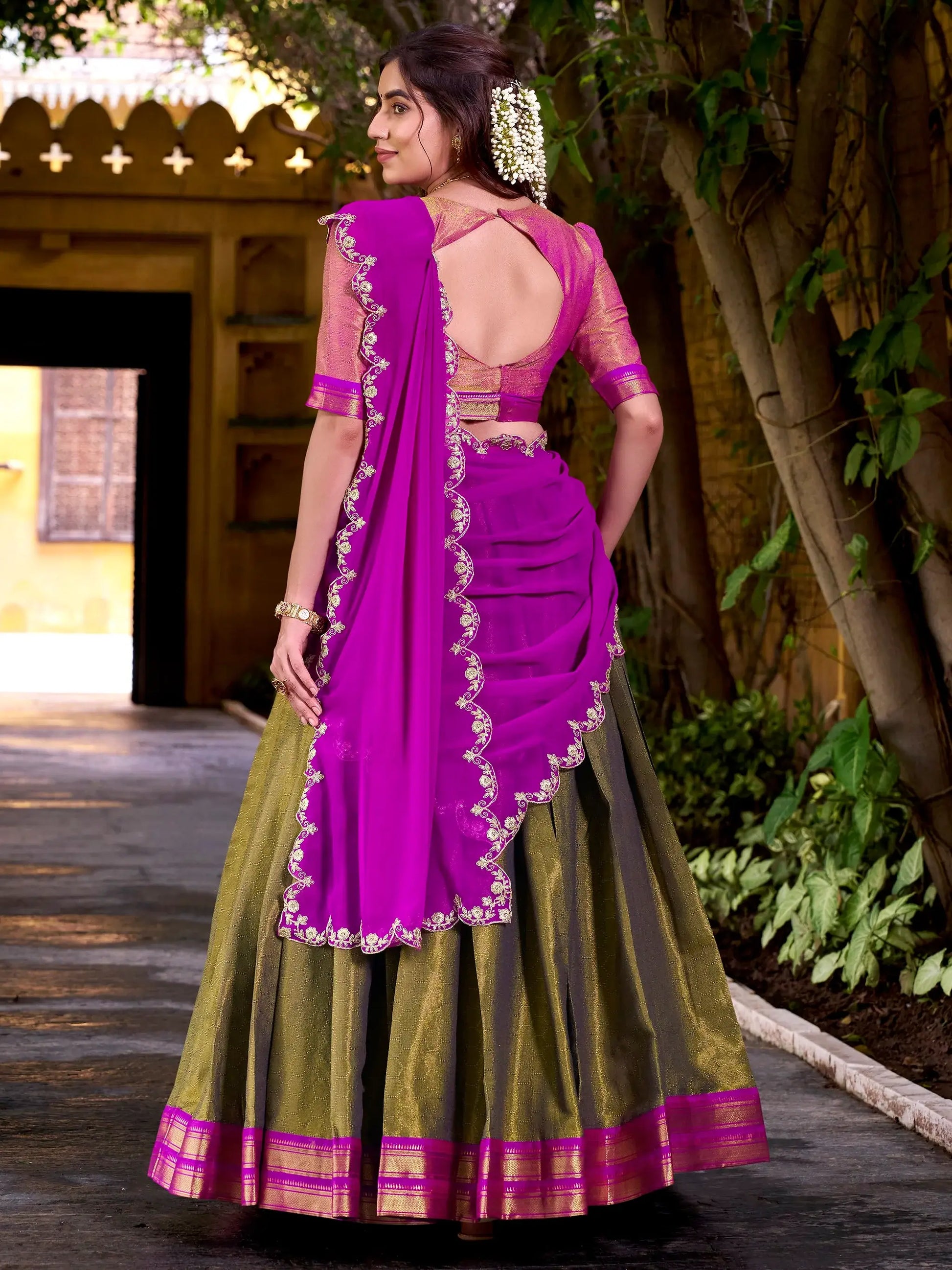 Bewitching Olive Green Zari Weaving Kanchipuram Silk Half Saree Lehenga - Zeel Clothing