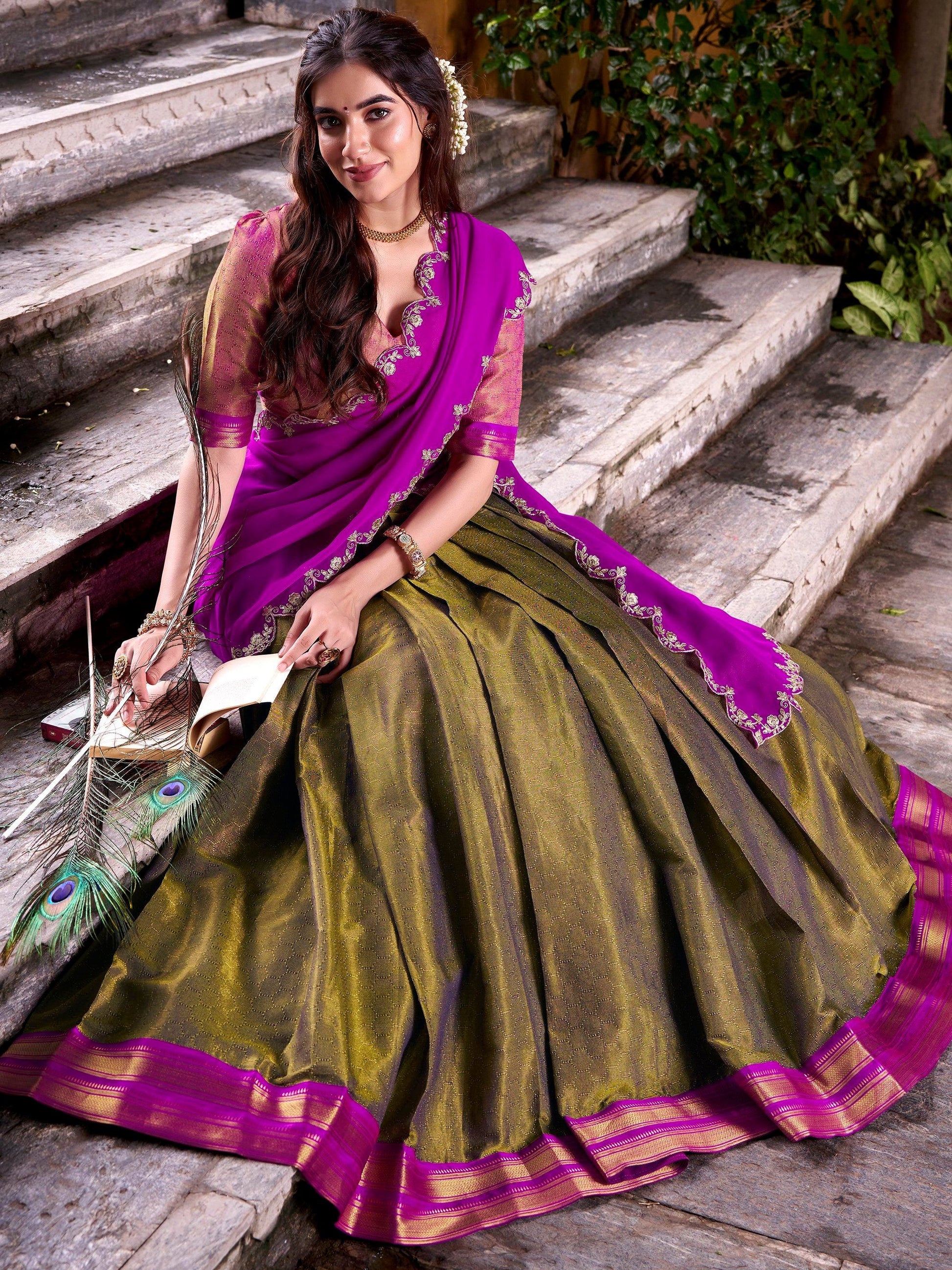 Bewitching Olive Green Zari Weaving Kanchipuram Silk Half Saree Lehenga - Zeel Clothing