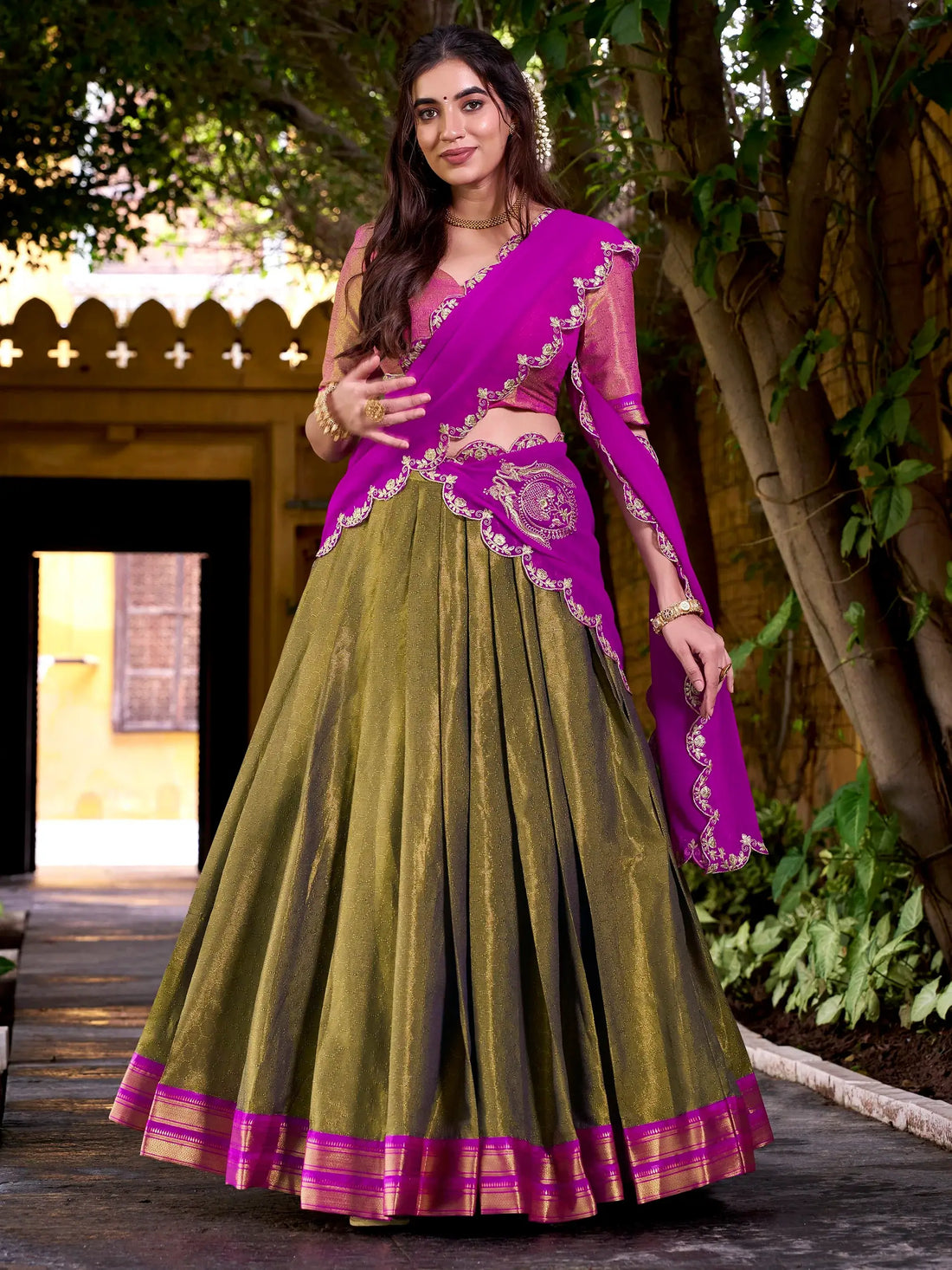 Bewitching Olive Green Zari Weaving Kanchipuram Silk Half Saree Lehenga - Zeel Clothing