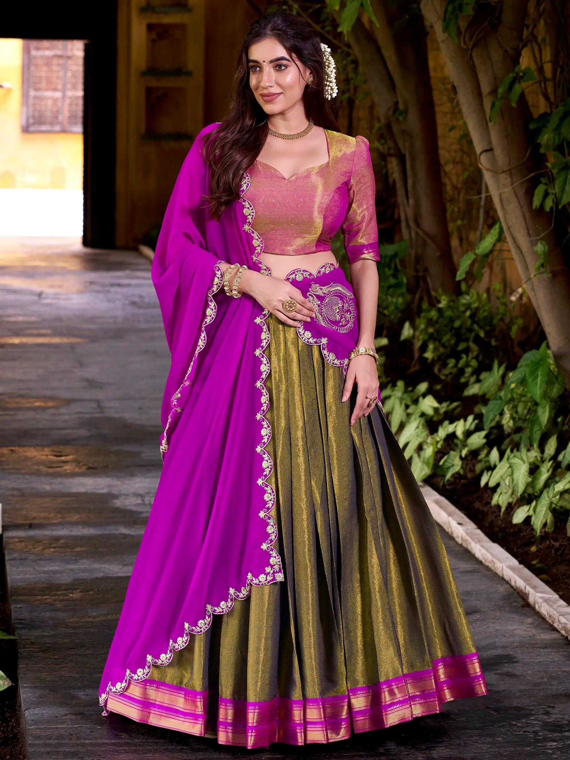 Bewitching Olive Green Zari Weaving Kanchipuram Silk Half Saree Lehenga - Zeel Clothing