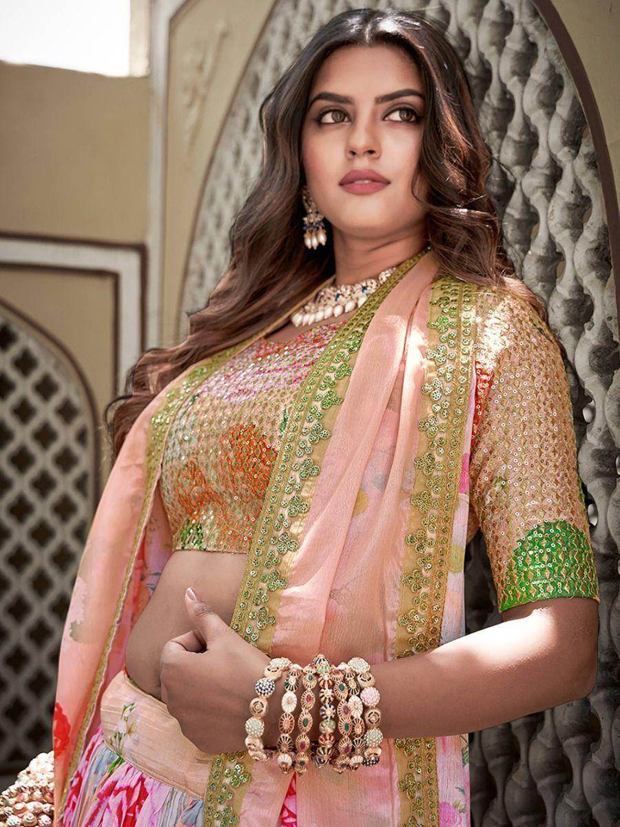 Bewitching Peach Floral Printed Chinon Reception Wear Lehenga Choli - Zeel Clothing
