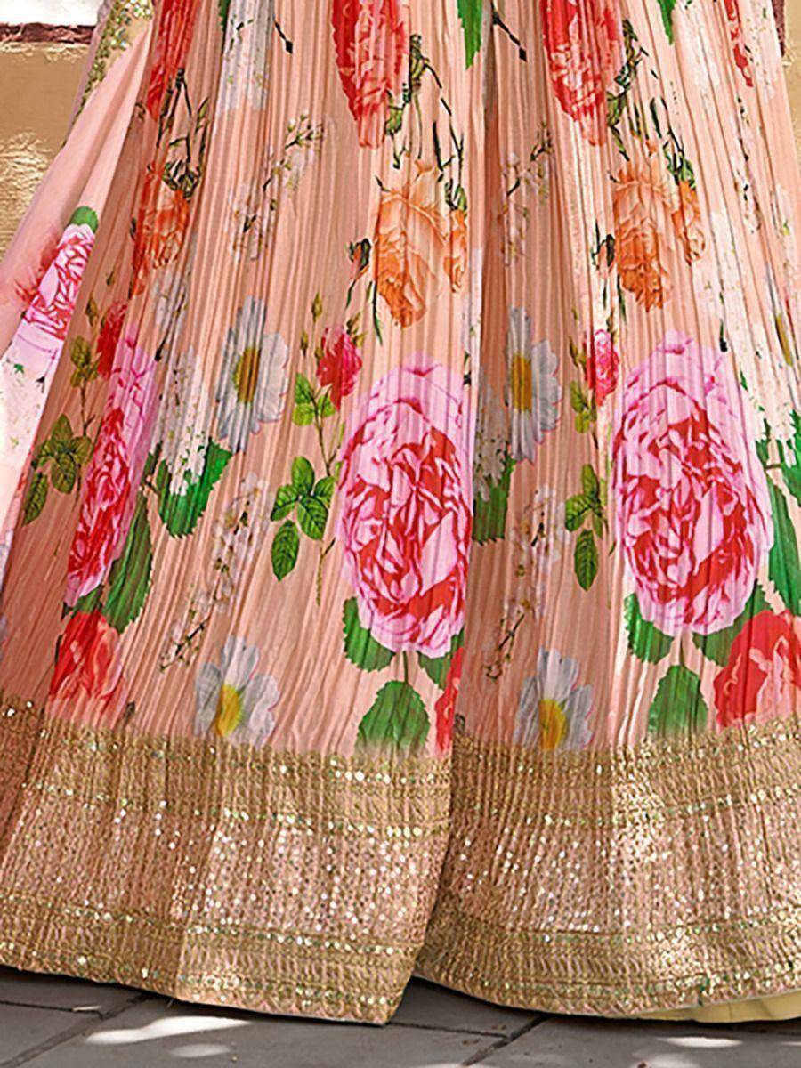 Bewitching Peach Floral Printed Chinon Reception Wear Lehenga Choli - Zeel Clothing