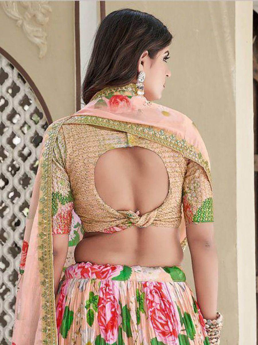 Bewitching Peach Floral Printed Chinon Reception Wear Lehenga Choli - Zeel Clothing