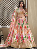 Bewitching Peach Floral Printed Chinon Reception Wear Lehenga Choli - Zeel Clothing