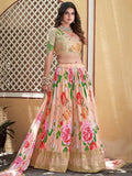 Bewitching Peach Floral Printed Chinon Reception Wear Lehenga Choli - Zeel Clothing