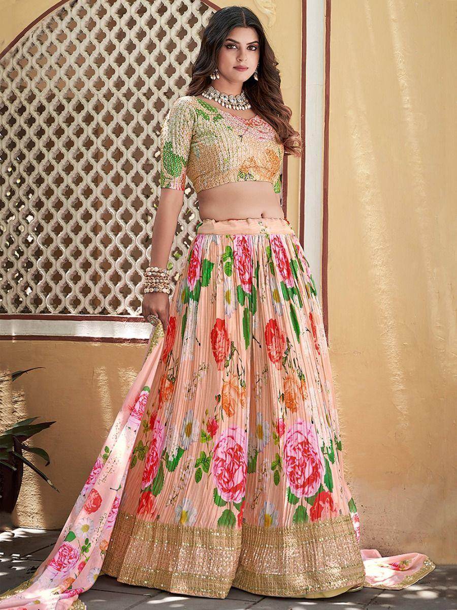 Bewitching Peach Floral Printed Chinon Reception Wear Lehenga Choli - Zeel Clothing