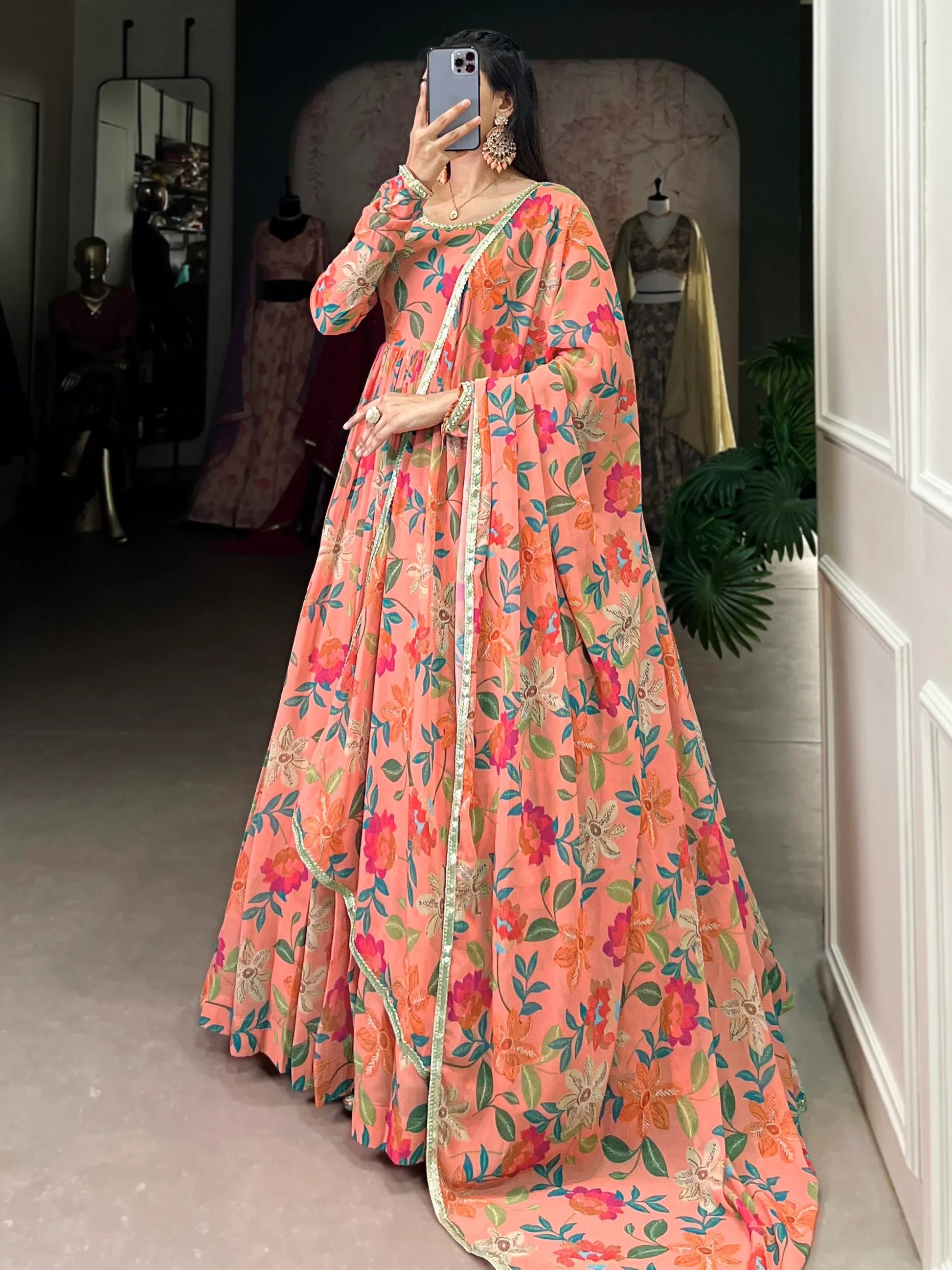 Bewitching Peach Floral Printed Georgette Festive Wear Gown With Dupatta - Zeel Clothing