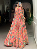 Bewitching Peach Floral Printed Georgette Festive Wear Gown With Dupatta - Zeel Clothing