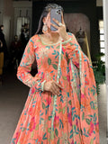 Bewitching Peach Floral Printed Georgette Festive Wear Gown With Dupatta - Zeel Clothing