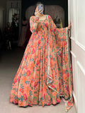 Bewitching Peach Floral Printed Georgette Festive Wear Gown With Dupatta - Zeel Clothing