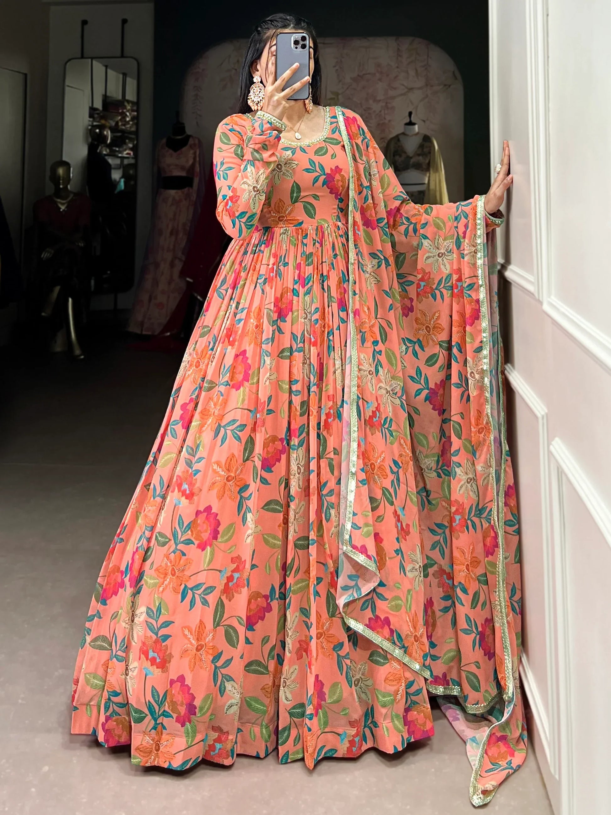 Bewitching Peach Floral Printed Georgette Festive Wear Gown With Dupatta - Zeel Clothing
