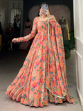Bewitching Peach Floral Printed Georgette Festive Wear Gown With Dupatta - Zeel Clothing