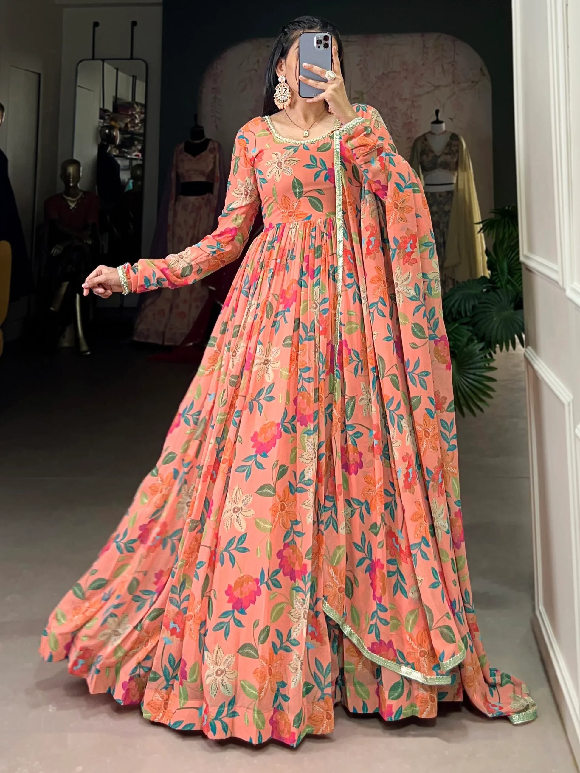 Bewitching Peach Floral Printed Georgette Festive Wear Gown With Dupatta - Zeel Clothing