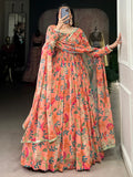 Bewitching Peach Floral Printed Georgette Festive Wear Gown With Dupatta - Zeel Clothing