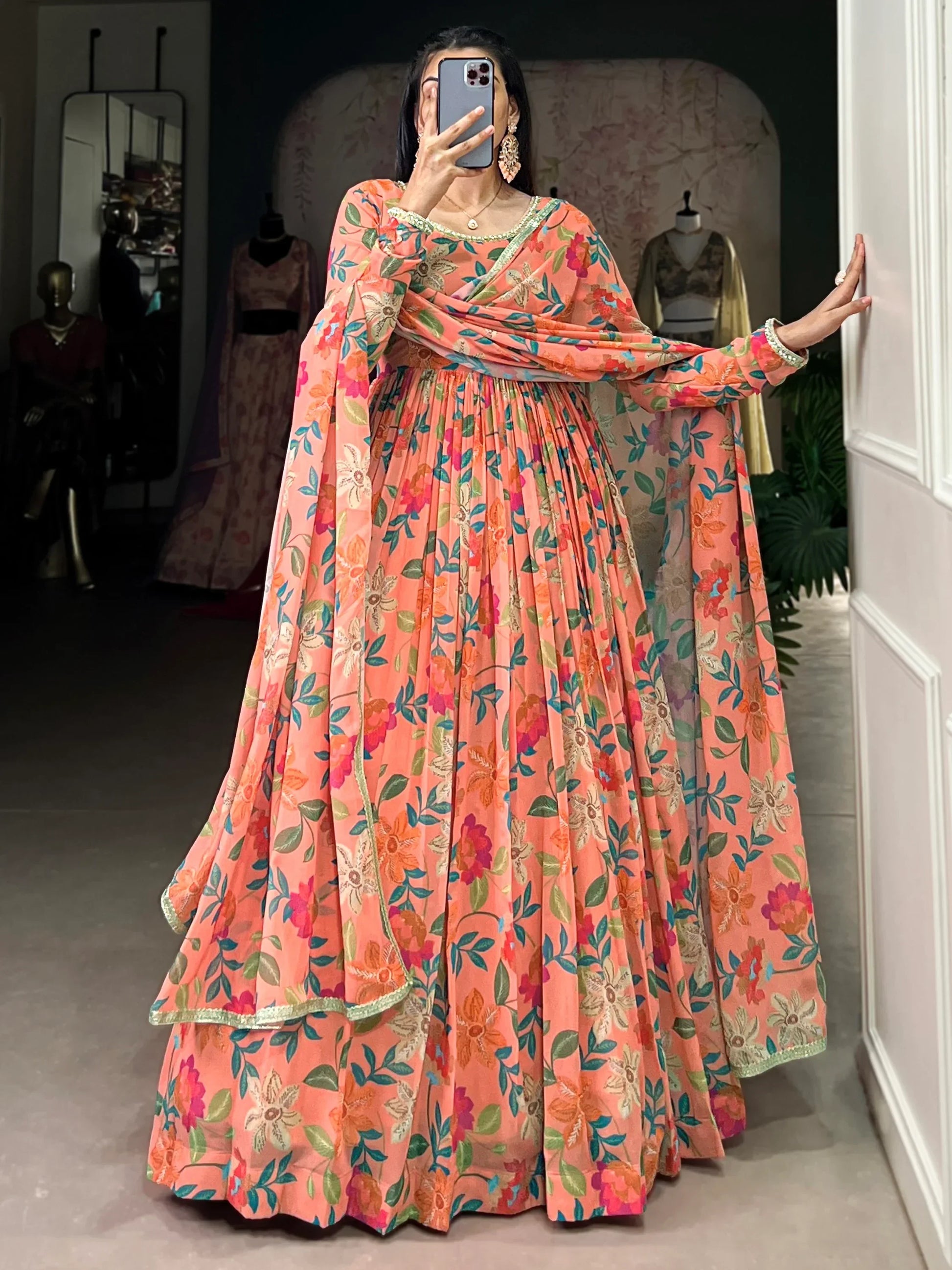 Bewitching Peach Floral Printed Georgette Festive Wear Gown With Dupatta - Zeel Clothing