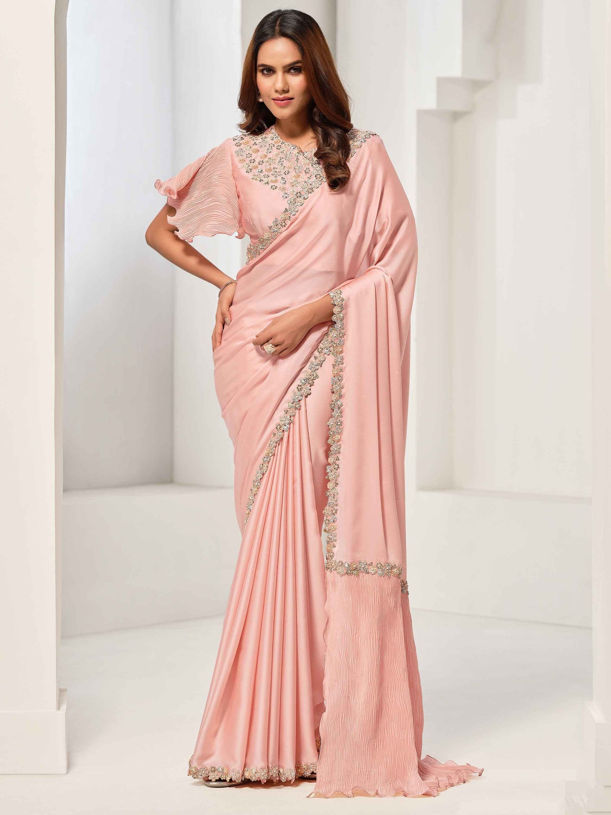 Bewitching Peach Lace Work Satin Reception Wear Saree With Blouse - Zeel Clothing