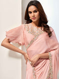 Bewitching Peach Lace Work Satin Reception Wear Saree With Blouse - Zeel Clothing