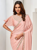 Bewitching Peach Lace Work Satin Reception Wear Saree With Blouse - Zeel Clothing