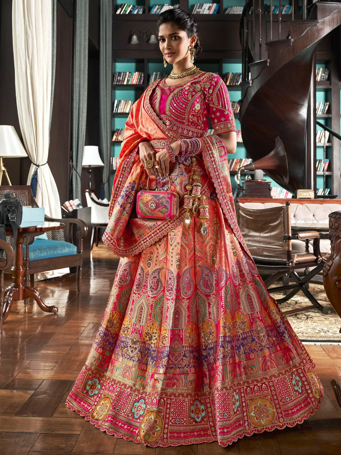 Bewitching Peach Zari Weaving Banarasi Silk Wedding Lehenga Choli - Zeel Clothing