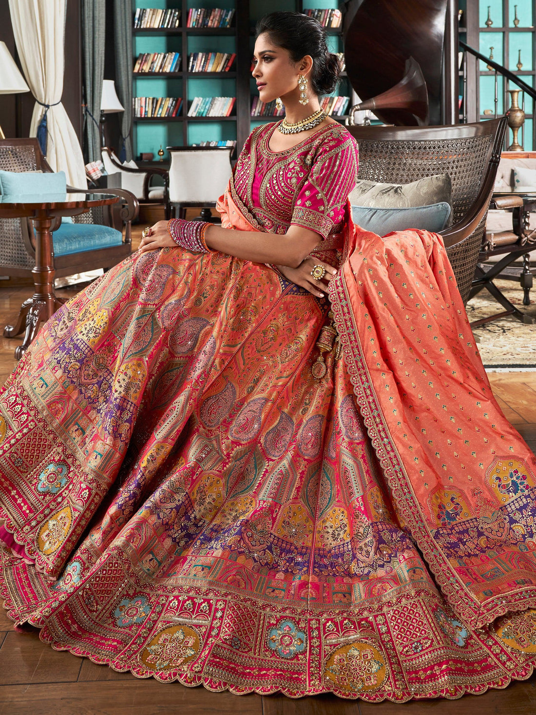 Bewitching Peach Zari Weaving Banarasi Silk Wedding Lehenga Choli - Zeel Clothing