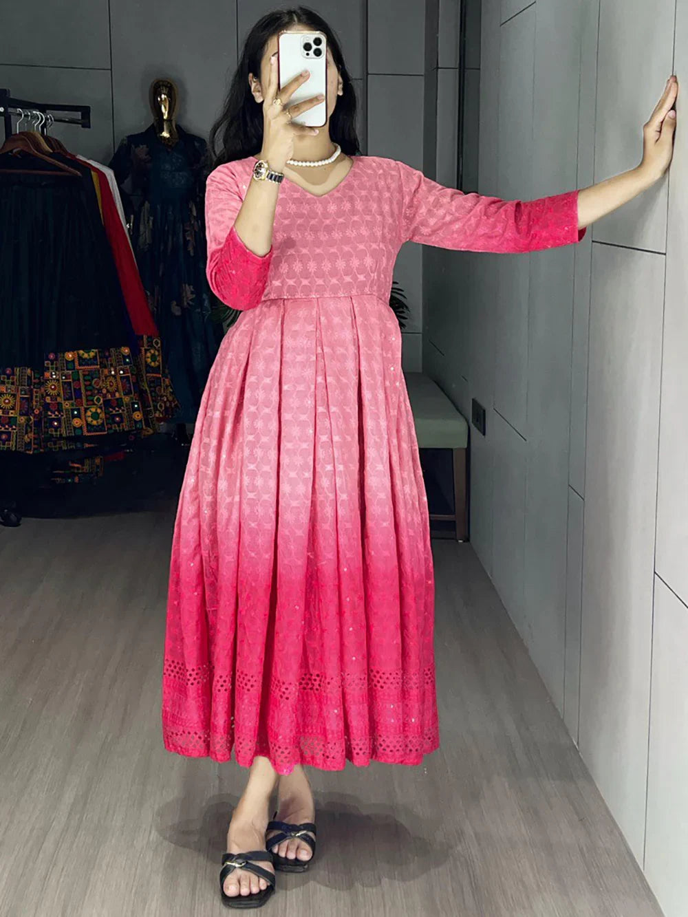 Bewitching Pink Chikankari Cotton Event Wear Dress - Zeel Clothing