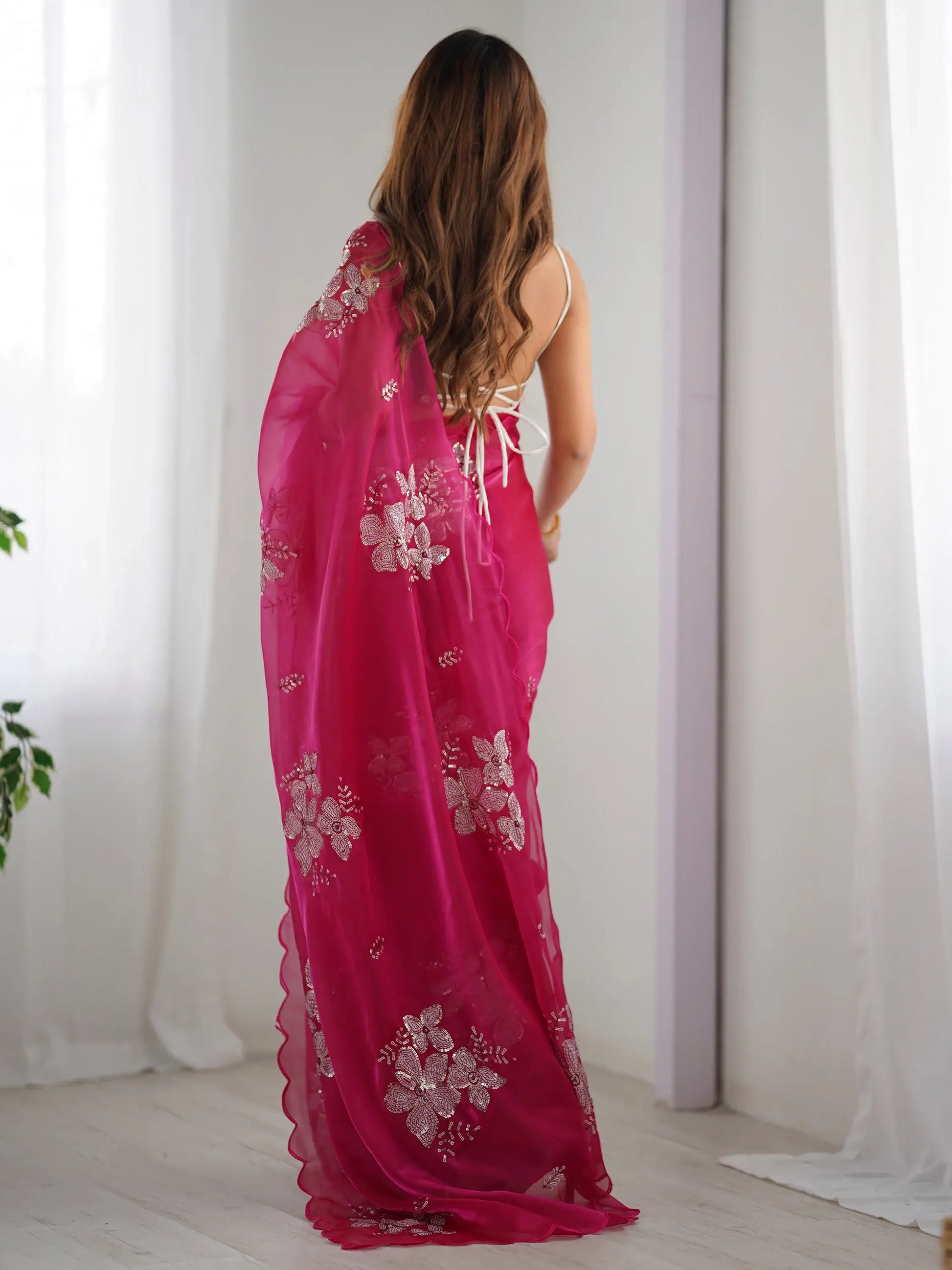 Bewitching Pink Embroidered Organza Party Wear Saree With Blouse - Zeel Clothing