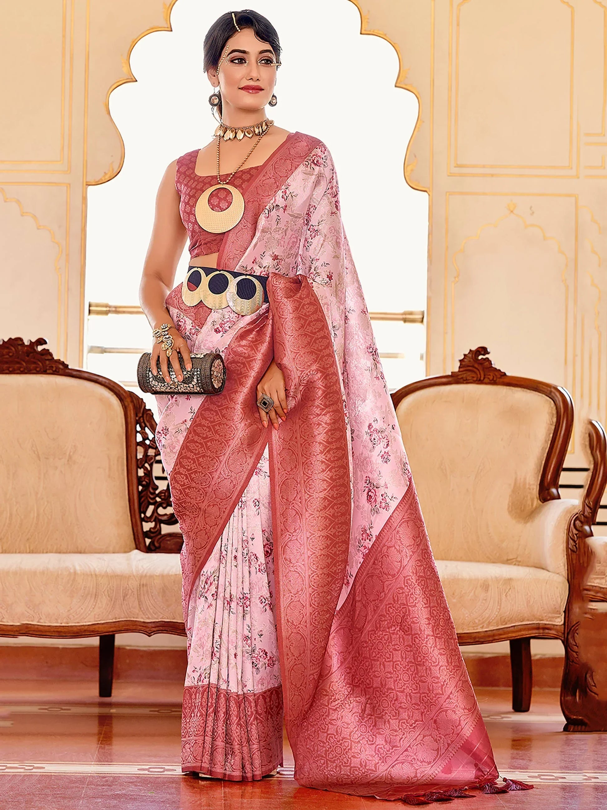 Bewitching Pink Floral Print Softy Silk Wedding Wear Saree - Zeel Clothing