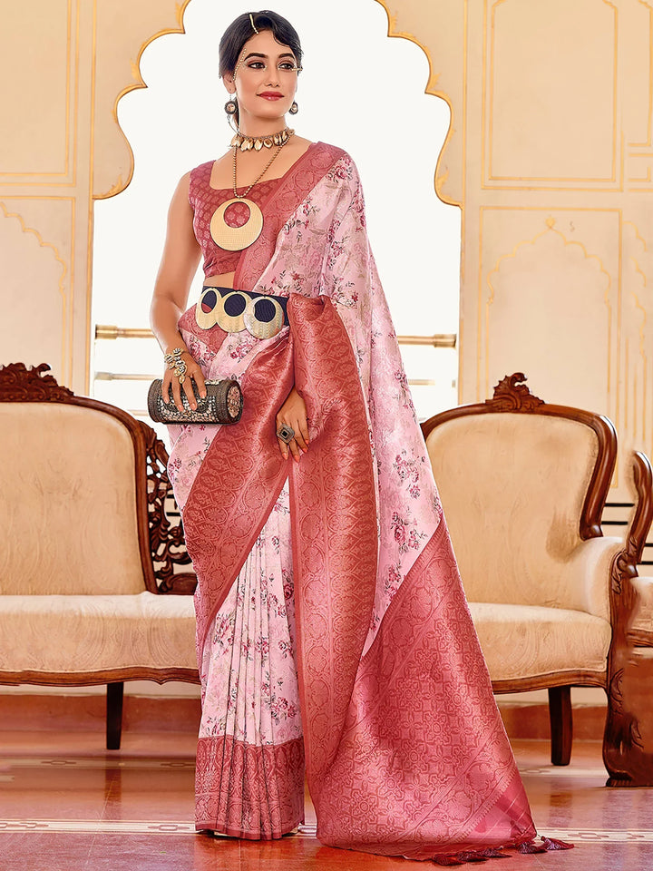 Bewitching Pink Floral Print Softy Silk Wedding Wear Saree - Zeel Clothing