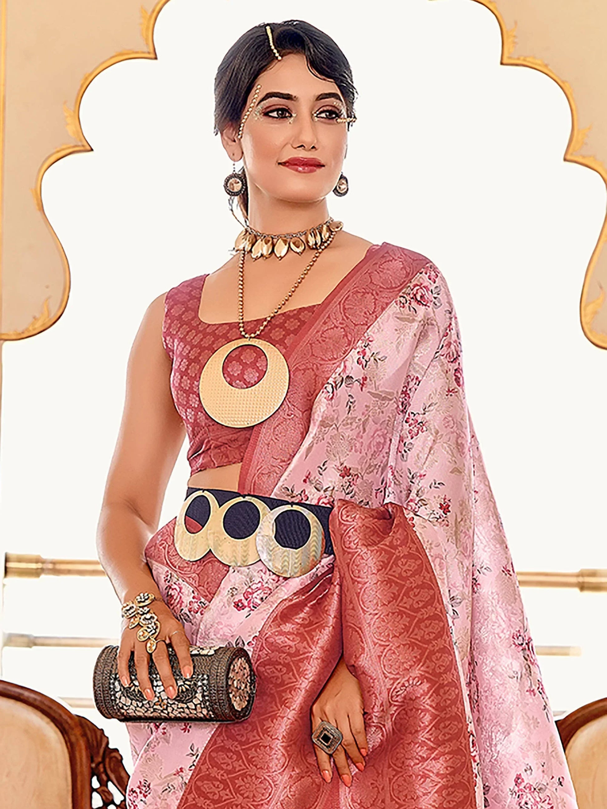 Bewitching Pink Floral Print Softy Silk Wedding Wear Saree - Zeel Clothing