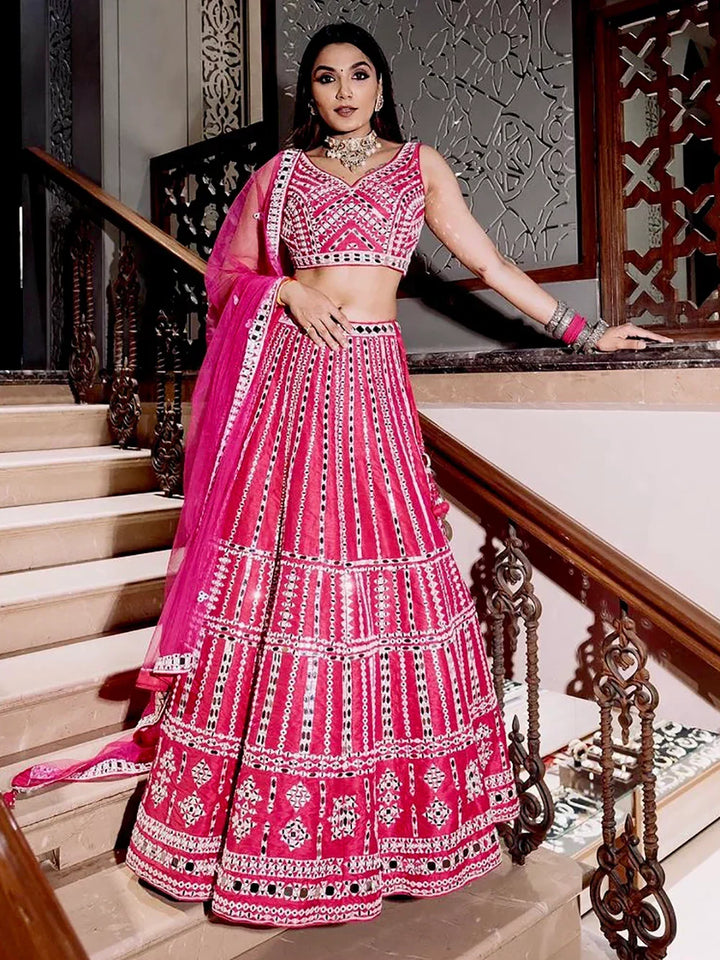 Bewitching Pink Mirror Work Silk Bridesmaid Lehenga Choli With Dupatta - Zeel Clothing