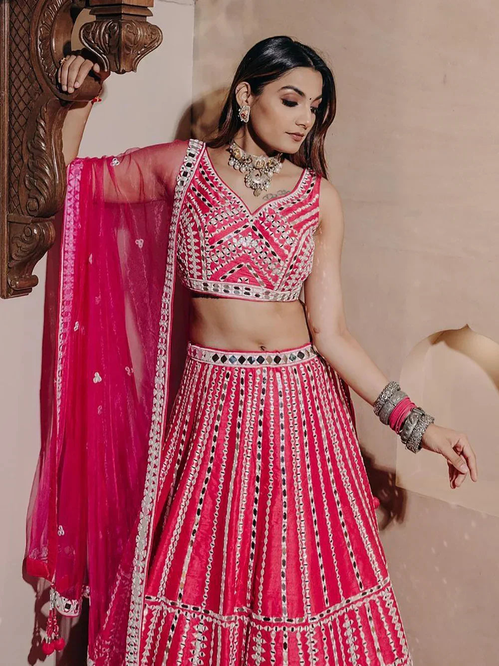 Bewitching Pink Mirror Work Silk Bridesmaid Lehenga Choli With Dupatta - Zeel Clothing
